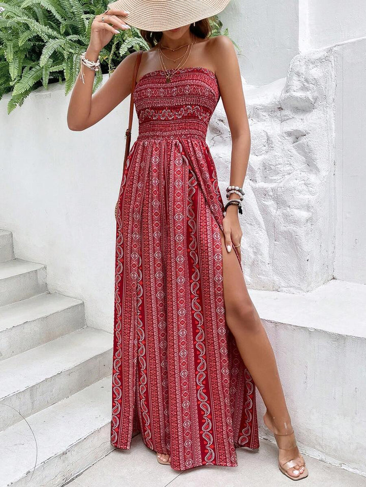 Bohemian Strapless High Split Wide Leg Vacation Jumpsuits