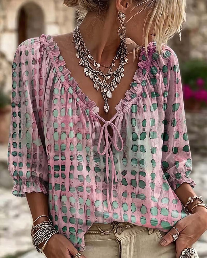 Deborah | Lace-Up Polka Dot Blouse