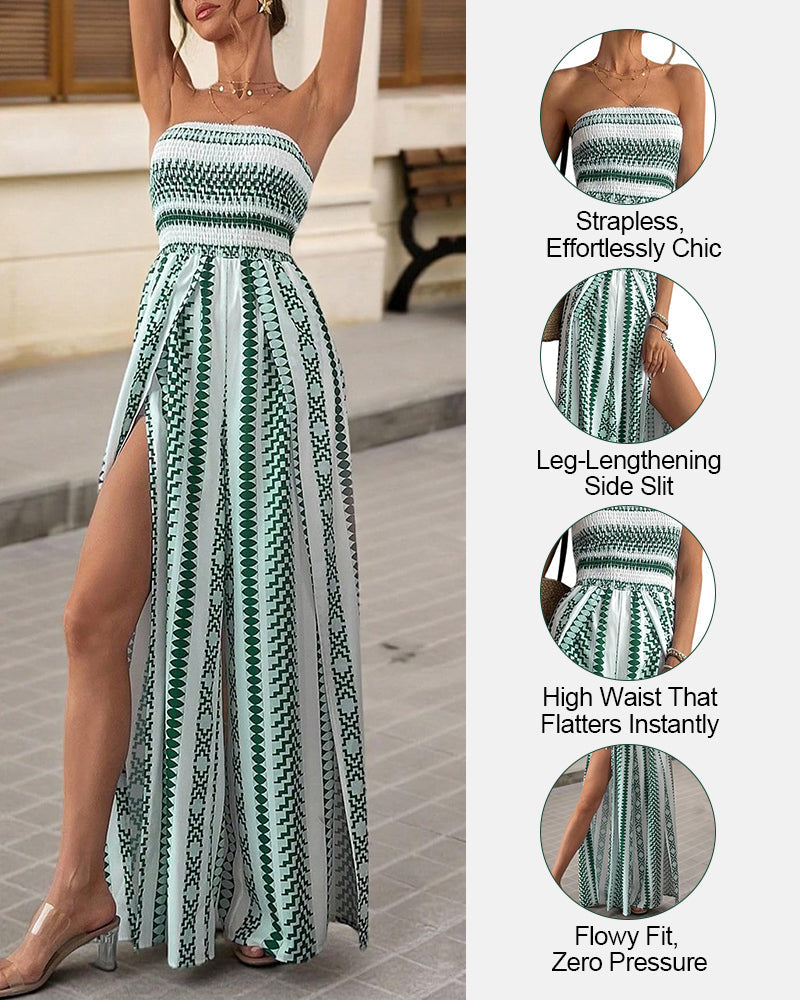 Bohemian Strapless High Split Wide Leg Vacation Jumpsuits