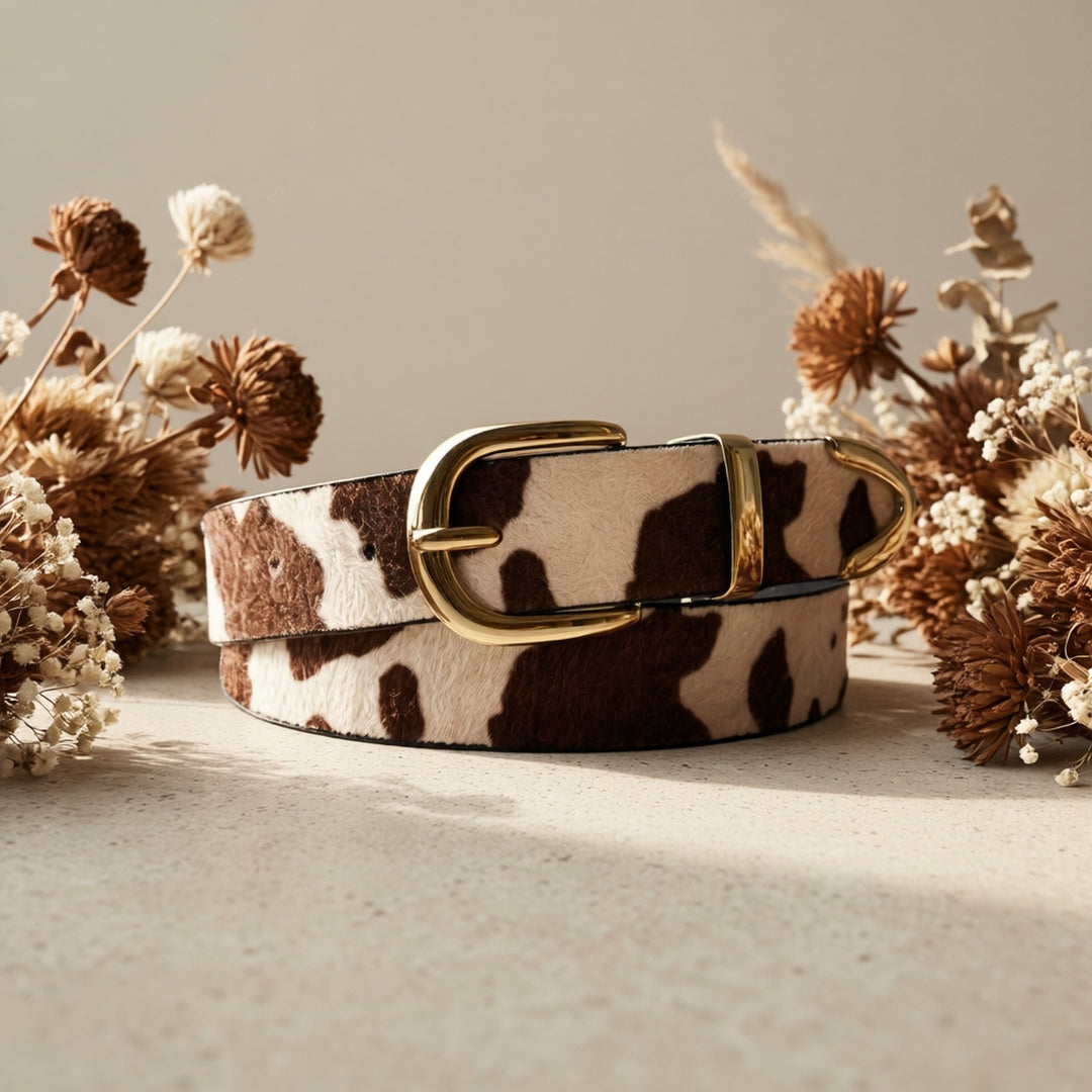 Romilly | Cow Print Gold Buckle Belt