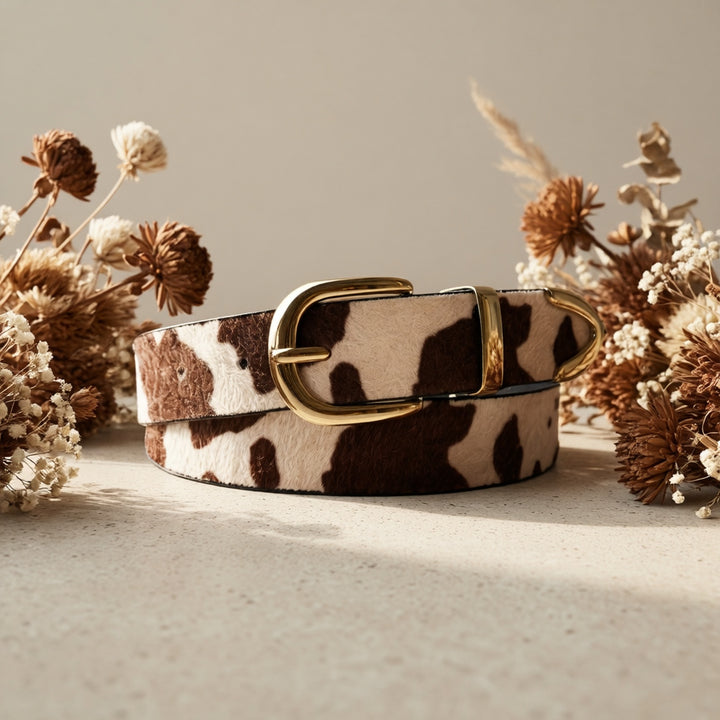 Romilly | Cow Print Gold Buckle Belt