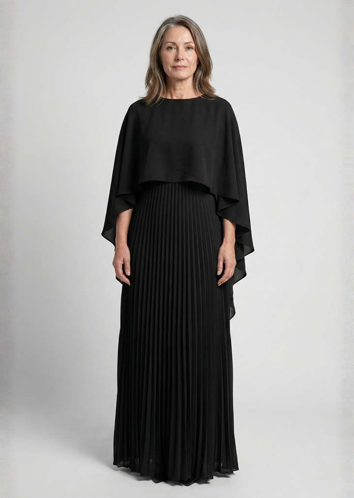 AMELIA | Pleated Cape Overlay Maxi Dress
