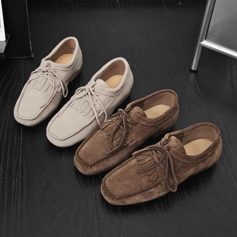 Phoebe | Suede Tassel Lace-Up Flats