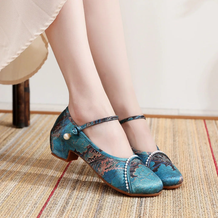 Winifred | Brocade Pearl-Trim Mary Jane Heels