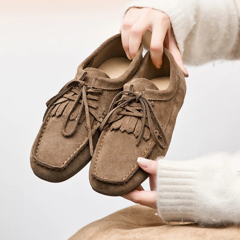 Phoebe | Suede Tassel Lace-Up Flats